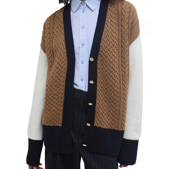 250$ Barbour Marcy Knit Cardigan Sweater Long Contrast Sleeve Size 10 Multicolor - Picture 2 of 5